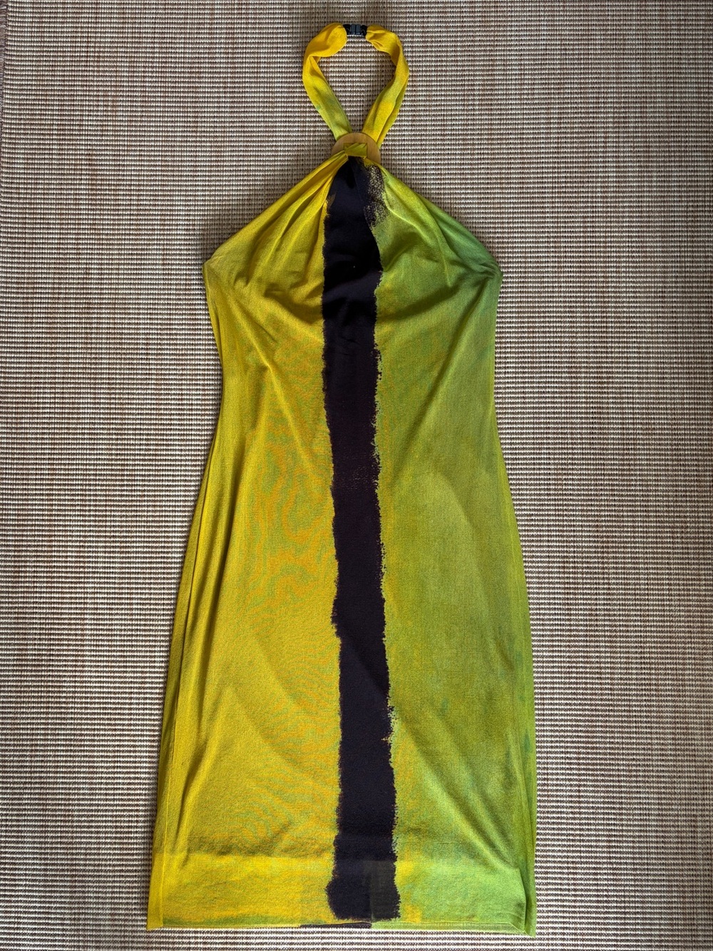 Vintage Vivienne Tam Mesh Halter Column Midi Dress Green Yellow Black y2k 90s
